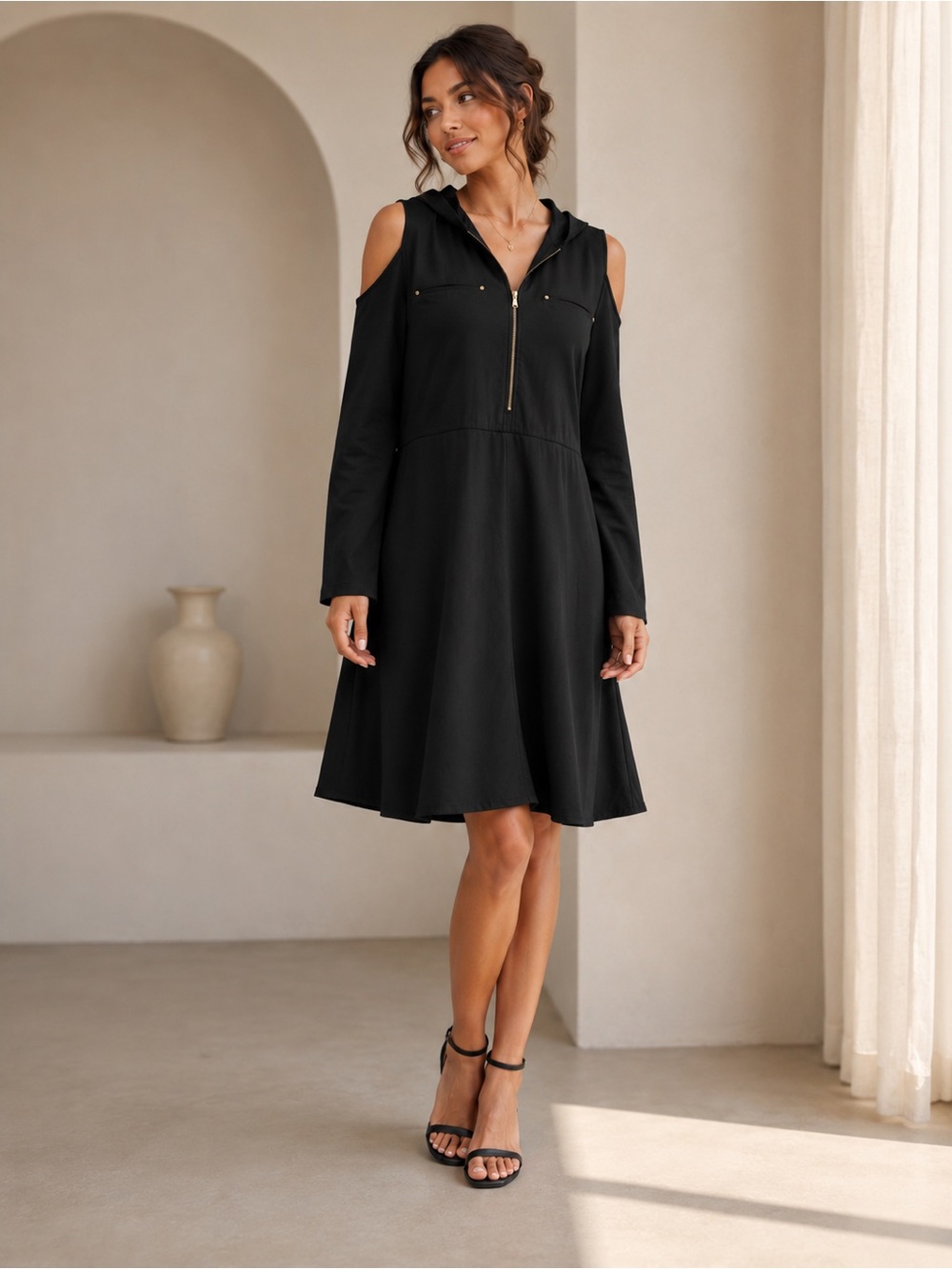 Speed Control Black Cold Shoulder Knee-Length Dress M